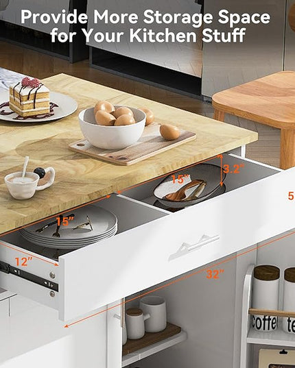 Island with Storage, Rolling Kitchen Cart on Wheels w/Drop Leaf, Internal Cabinet, Adjustable Shelf Towel Rack and Rubber Wood Countertop, for Dining Room, Home, White, 39 Inch - LeafyLoom