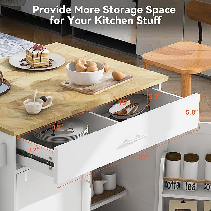 Island with Storage, Rolling Kitchen Cart on Wheels w/Drop Leaf, Internal Cabinet, Adjustable Shelf Towel Rack and Rubber Wood Countertop, for Dining Room, Home, White, 39 Inch - LeafyLoom