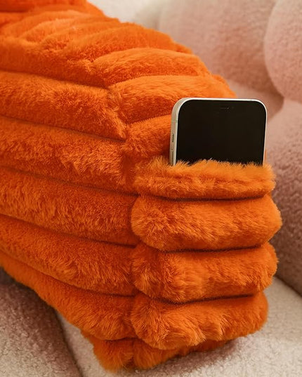 WERDIM Reading Pillow for Sitting in Bed, Faux Fur Back Pillow for Bed Rest, Bed Chair Pillow with Arms and Pockets(Standard, Orange) - LeafyLoom