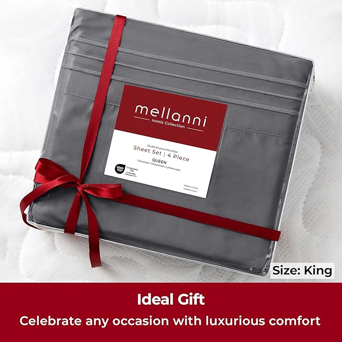 Mellanni King Sheets Set - 4 PC Iconic Collection Bedding Sheets & Pillowcases - Hotel Luxury, Extra Soft, Cooling Bed Sheets - Deep Pocket up to 16 inch (King, Gray) - LeafyLoom