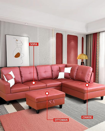 ROOMTEC Button L Shape 3 Piece Sectional Sofa Set, Upholstered Corner Couch with Storage Ottoman, Faux Leather Tufted Cushions, for Living Room, Apartment, Red, 103inch, Pink w/Right Chaise Lounge - LeafyLoom