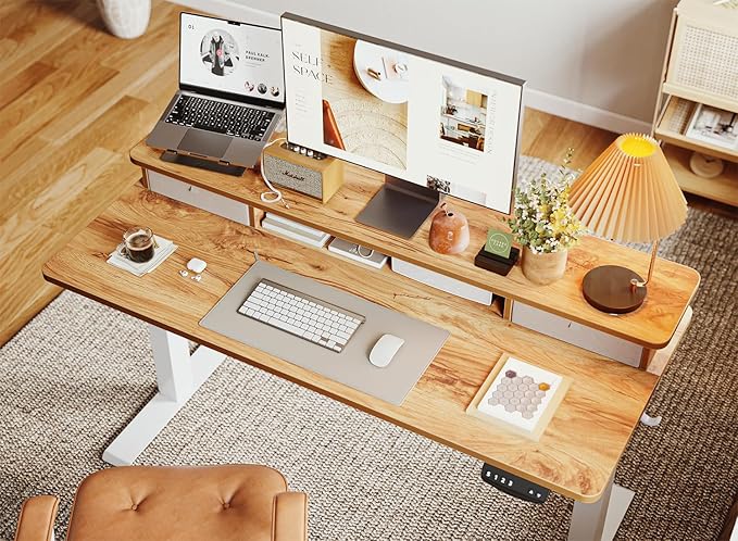 BANTI 40x24 Inch Electric Standing Desk with Double Drawers, Adjustable Height Stand Up Desk, Sit Stand Home Office Desk with Storage Shelf, Light Rustic Brown Top - LeafyLoom