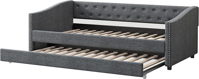Twin Size Daybed with Trundle, Linen Upholstered Tufted Sofa Day Bed Frame with Button, Waved Shape Arms & Nailhead, Wooden Slats Support for Apartment,Bedroom - LeafyLoom