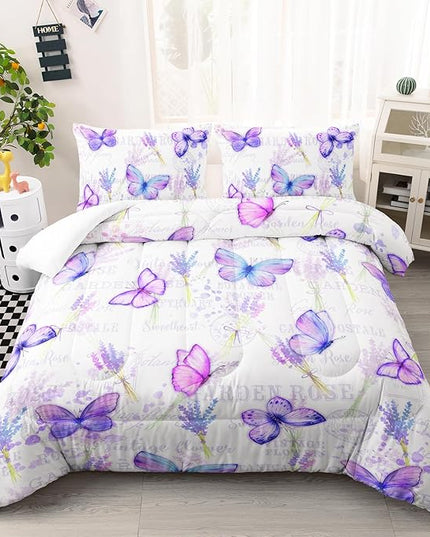 Purple Butterfly Comforter Set Full Size for Girls Kids Adults Lavender Flowers Pattern Bedding Set Aesthetics Butterflies Quilt Bed Set with 1 Comforter and 2 Pillowcases - LeafyLoom