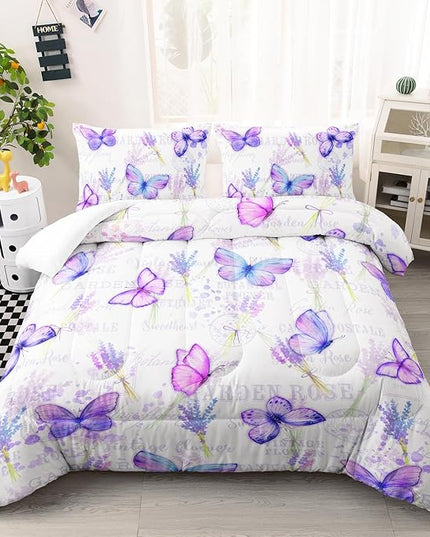 Purple Butterfly Comforter Set Queen Size for Girls Kids Adults Lavender Flowers Pattern Bedding Set Aesthetics Butterflies Quilt Bed Set with 1 Comforter and 2 Pillowcases - LeafyLoom