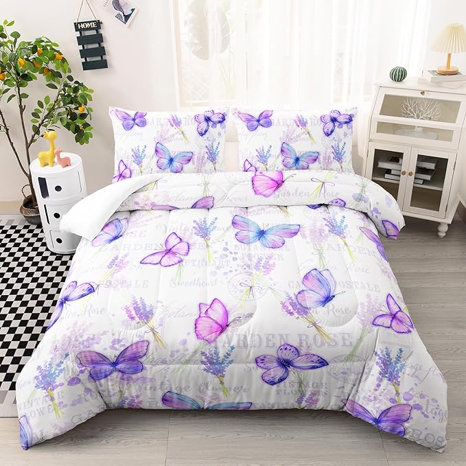 Purple Butterfly Comforter Set Twin Size for Girls Kids Adults Lavender Flowers Pattern Bedding Set Aesthetics Butterflies Quilt Bed Set with 1 Comforter and 2 Pillowcases - LeafyLoom