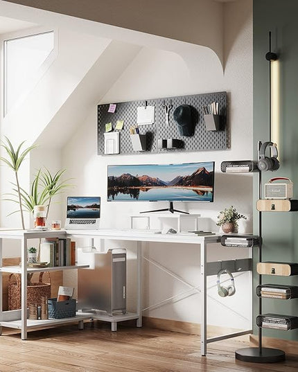 ODK 58 Inch L Shaped Computer Desk with Reversible Storage Shelves, L-shaped Corner Desk with Monitor Stand for Small Space, Modern Simple Writing Study Table for Home Office Workstation, White - LeafyLoom