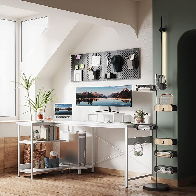 ODK 58 Inch L Shaped Computer Desk with Reversible Storage Shelves, L-shaped Corner Desk with Monitor Stand for Small Space, Modern Simple Writing Study Table for Home Office Workstation, White - LeafyLoom