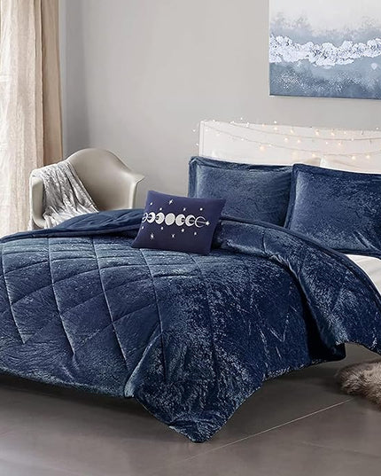 Intelligent Design Twin Comforter Set, Velvet Comforter Set , Luxury Diamond Quilting Comforter Set, Fluffy Comforter Bed Set with Decorative Pillowand 1 Sham, 3 Piece Navy, Twin/Twin XL - LeafyLoom
