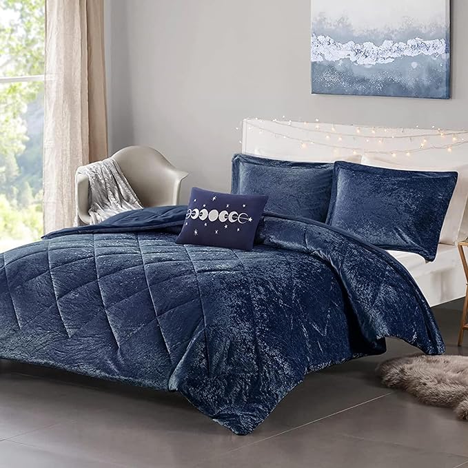Intelligent Design Twin Comforter Set, Velvet Comforter Set , Luxury Diamond Quilting Comforter Set, Fluffy Comforter Bed Set with Decorative Pillowand 1 Sham, 3 Piece Navy, Twin/Twin XL - LeafyLoom