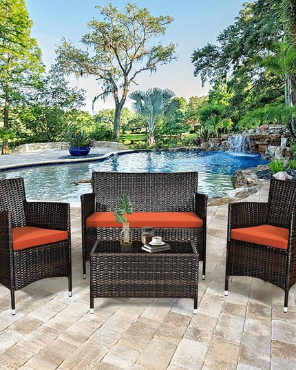 Goplus 4-Piece Rattan Patio Set, Outdoor/Indoor Wicker Conversation Set for Pool, Backyard, Lawn, Wicker Chairs and Sofa with Soft Cushion, Rattan Furniture with Tempered Glass Coffee Table - LeafyLoom