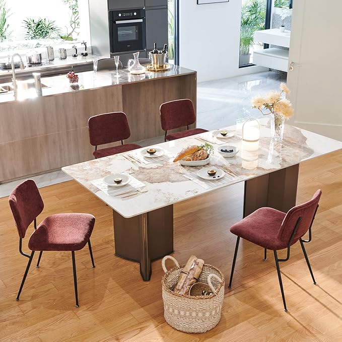 COLAMY Modern Upholstered Fabric Dining Room Accent Diner Stylish Kitchen Chairs with Solid Metal Legs, set of 2, Red - LeafyLoom