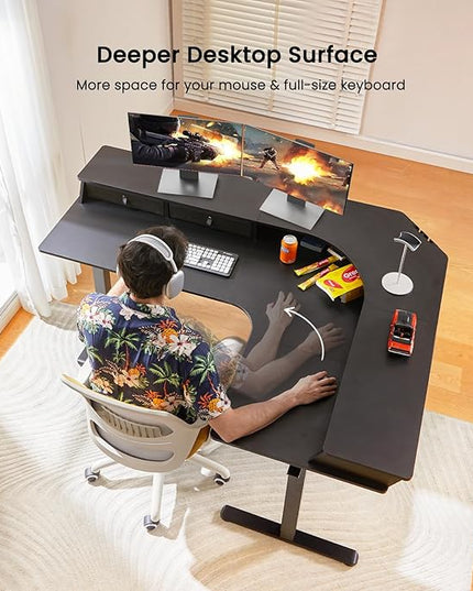 ErGear 65″ L Shaped Gaming Desk with 3 Drawers, Standing Desk Height Adjustable w/Monitor Shelf [C-Clamp Mount Compatible], Corner Stand up Desk w/Cable Management Trays for Home Office, Black - LeafyLoom