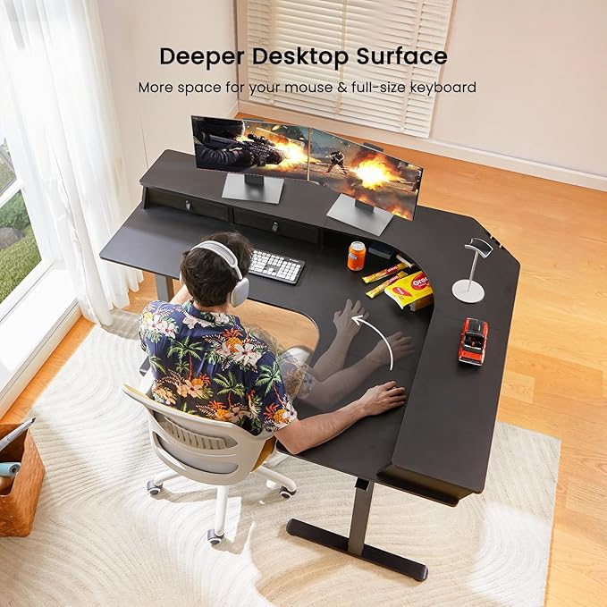 ErGear 65″ L Shaped Gaming Desk with 3 Drawers, Standing Desk Height Adjustable w/Monitor Shelf [C-Clamp Mount Compatible], Corner Stand up Desk w/Cable Management Trays for Home Office, Black - LeafyLoom