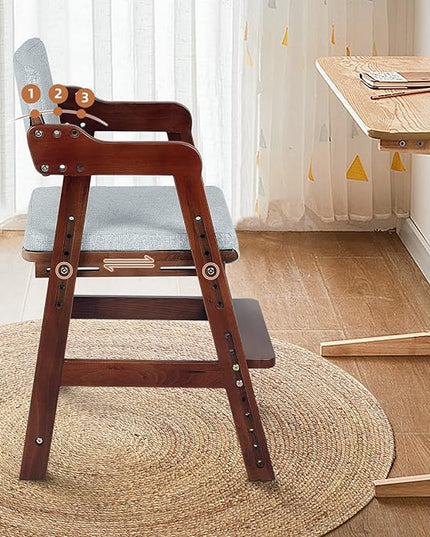Ezebaby Wooden High Chair for Toddlers to Teens, Adjustable Kids Study Chair with Steps, Kids Dining Chair with Removable Cushion (Nut-Brown) - LeafyLoom