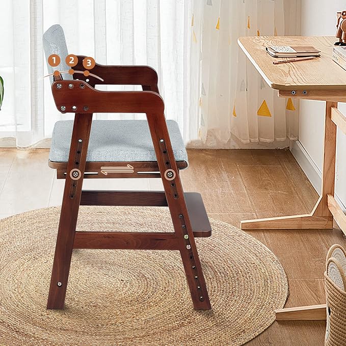 Ezebaby Wooden High Chair for Toddlers to Teens, Adjustable Kids Study Chair with Steps, Kids Dining Chair with Removable Cushion (Nut-Brown) - LeafyLoom