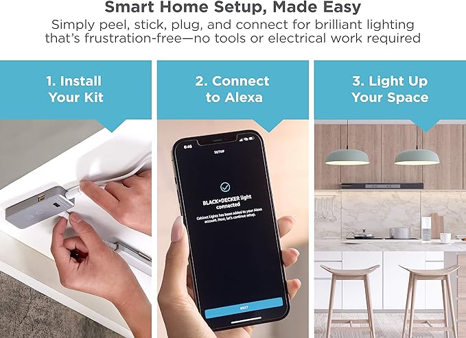 BLACK+DECKER Works with Alexa Smart Under Cabinet Lighting Kit, Adjustable LEDs, (3) 9" Bars White BLACKDECKER