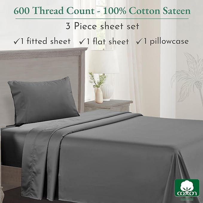 California Design Den Luxury Twin XL Sheet Set - 100% Cotton, 600 Thread Count Deep Pocket XL Twin Sheets, Hotel-Quality Bedding with Soft Sateen Weave - Grey - LeafyLoom