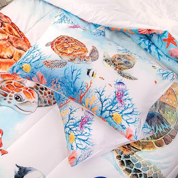 CVHOUSE Sea Turtle Comforter Set,Ocean Watercolor Sea Turtle Bedding Set for Kids Teens,Ocean Sea Turtle Comforter Sea Turtle Duvet Set Room Decor Quilt Set Twin Size - LeafyLoom