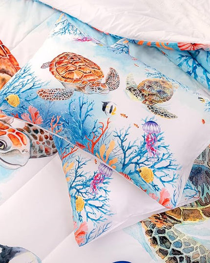 CVHOUSE Sea Turtle Comforter Set,Ocean Watercolor Sea Turtle Bedding Set for Kids Teens,Ocean Sea Turtle Comforter Sea Turtle Duvet Set Room Decor Quilt Set Queen Size - LeafyLoom