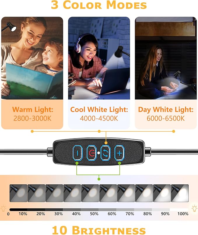 Clip on lamp for Bed Headboard with Clamp for Reading, Small Clip on Light for Desk or Bedside, Flexible Gooseneck Small Clamp Light has 3 Color Modes 10 Brightness.(Black) - LeafyLoom
