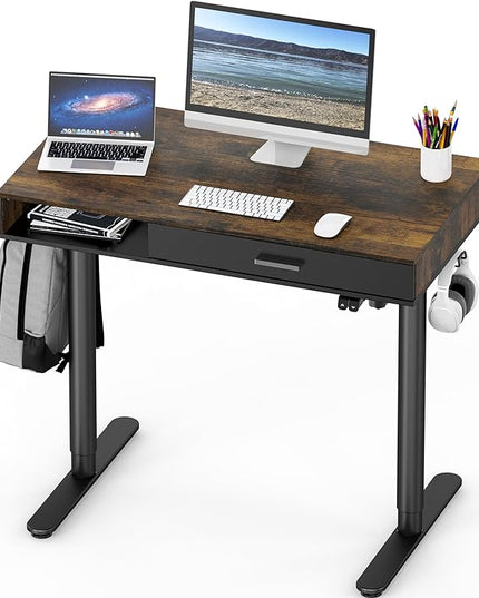 SHW Claire 40 Inch Height Adjustable Electric Standing Desk with Storage Space and Drawer, Rustic Brown - LeafyLoom