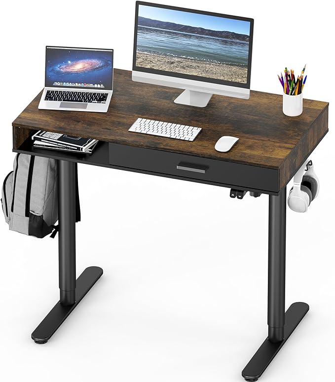 SHW Claire 40 Inch Height Adjustable Electric Standing Desk with Storage Space and Drawer, Rustic Brown - LeafyLoom