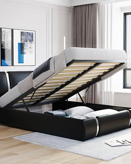 Modern Queen Size Upholstered Faux Leather Platform Bed with a Hydraulic Storage System, Metal Strips Headboard and Footboard, No Box Spring Needed, Sturdy Slat Support, Easy to Assemble - LeafyLoom