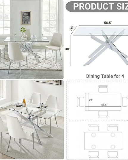 Edwin's Choice 58.5” Rectangle Glass Dining Table, Tempered Glass Tabletop and Metal Tubular Legs, Modern Style Table for Home, Kitchen, Dining Room 58.5”Lx29”Wx30”H, Silver - LeafyLoom