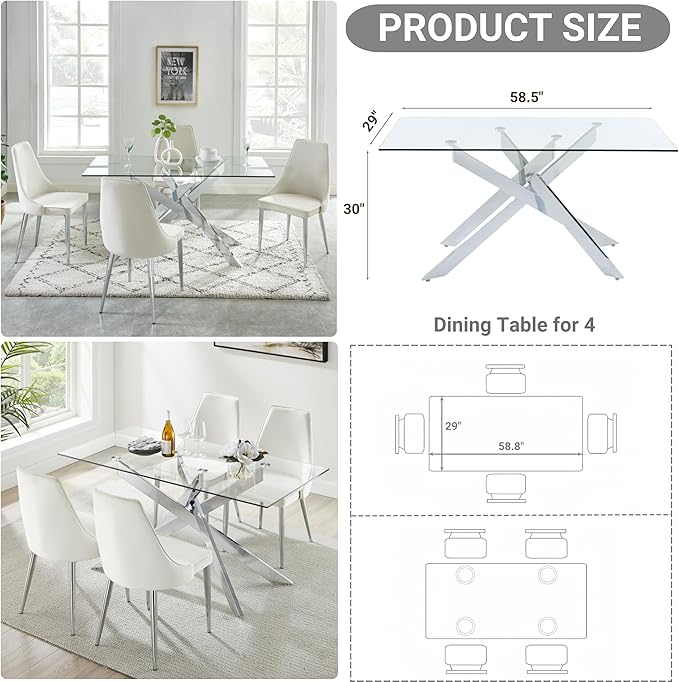 Edwin's Choice 58.5” Rectangle Glass Dining Table, Tempered Glass Tabletop and Metal Tubular Legs, Modern Style Table for Home, Kitchen, Dining Room 58.5”Lx29”Wx30”H, Silver - LeafyLoom