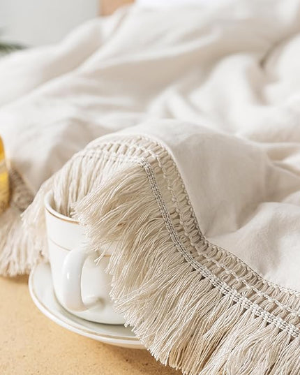 Andency Queen Comforter Set Beige, 3 Pieces Boho Lightweight Fluffy Bedding Comforters & Sets, Soft Tassel All Seasons Bed Set Gift Choice (90x90In Comforter & 2 Pillowcases) - LeafyLoom