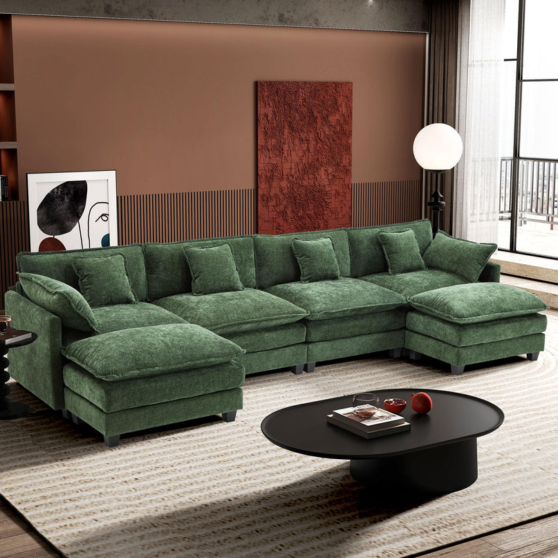 Ihanherry 111.4" L Shaped Modern Sofa Modular Sectional Cloud Couch with Ottoman, 4-Seat Chenille Deep Seat Sofa with Pillow for Living Room, Bedroom and Apartment, Beige LeafyLoom