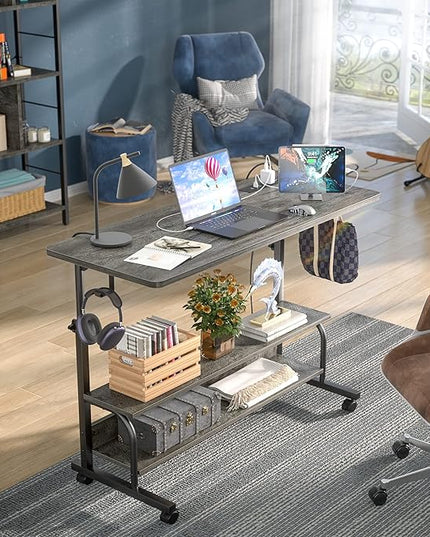 Height Adjustable Standing Desk with Power Outlets, 39" Manual Stand Up Desk with Storage Shelves Small Mobile Rolling Computer Desk Portable Laptop Table with Wheels for Home Office, Grey Oak - LeafyLoom