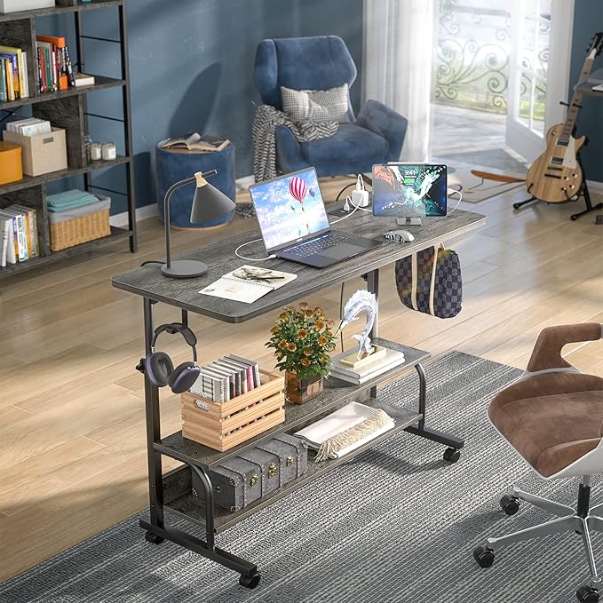 Height Adjustable Standing Desk with Power Outlets, 39" Manual Stand Up Desk with Storage Shelves Small Mobile Rolling Computer Desk Portable Laptop Table with Wheels for Home Office, Grey Oak - LeafyLoom