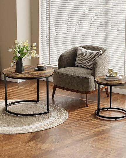 Nesting Coffee Table Set of 2, 23.6" Round Coffee Table Rustic Wood Top with Adjustable Non-Slip Feet, Industrial End Table Side Tables for Living Room Bedroom Balcony Yard - LeafyLoom