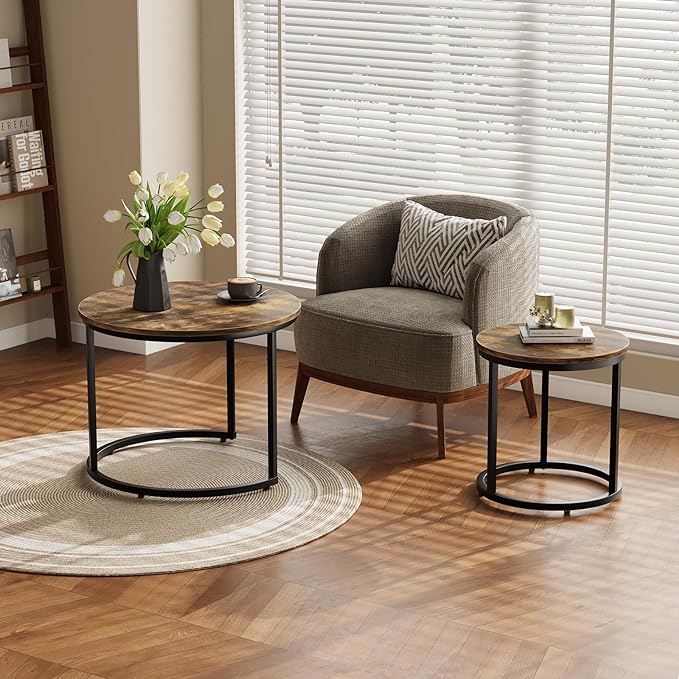 Nesting Coffee Table Set of 2, 23.6" Round Coffee Table Rustic Wood Top with Adjustable Non-Slip Feet, Industrial End Table Side Tables for Living Room Bedroom Balcony Yard - LeafyLoom