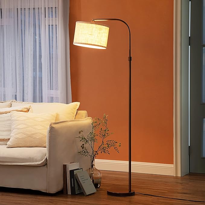 EDISHINE Arched Floor Lamps for Living Room, Standing Tall Arc Lamp with Adjustable Linen Shade, Minimalist Reading Light for Corner, Over Couch Arched Lamp for Bedroom, Office, Kids Room, Bronze - LeafyLoom