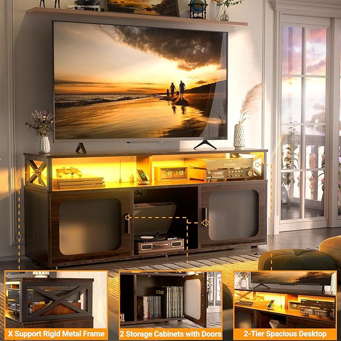 Aheaplus TV Stand for 55 60 Inch TV, Entertainment Center with LED Light and Charging Station, TV Console Table, Large Media Console Cabinet w/Soundbar Shelf, for Living Room, Bedroom, Espresso - LeafyLoom