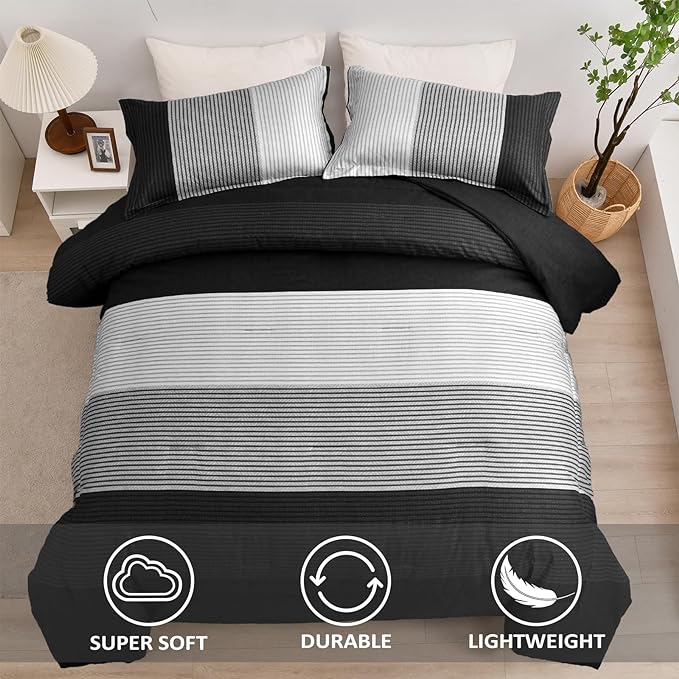 WONGS BEDDING Black Comforter Twin, Black Grey Striped Patchwork Down Alternative Comforter Set for Twin Bed, 2 Pieces(1 Comforter+1 Pillowcase), Soft Microfiber Bedding Duvet Insert 68"×86" - LeafyLoom