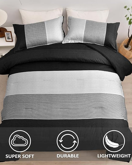 WONGS BEDDING Black Comforter Set King, Reversible Black Striped Down Alternative Comforter for King Bed,3 Pieces (1 Comforter+2 Pillowcases), Soft Microfiber Bedding Duvet Set 104”×90" - LeafyLoom