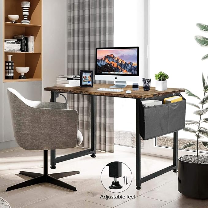 Lufeiya Small Computer Desk Study Table for Small Spaces Home Office 39 40 Inch Rustic Student Writing Desk with Storage Bag,Brown - LeafyLoom