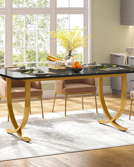 Dining Room Table, Kitchen Table with Faux Marble Table Top and Gold Metal Legs - LeafyLoom