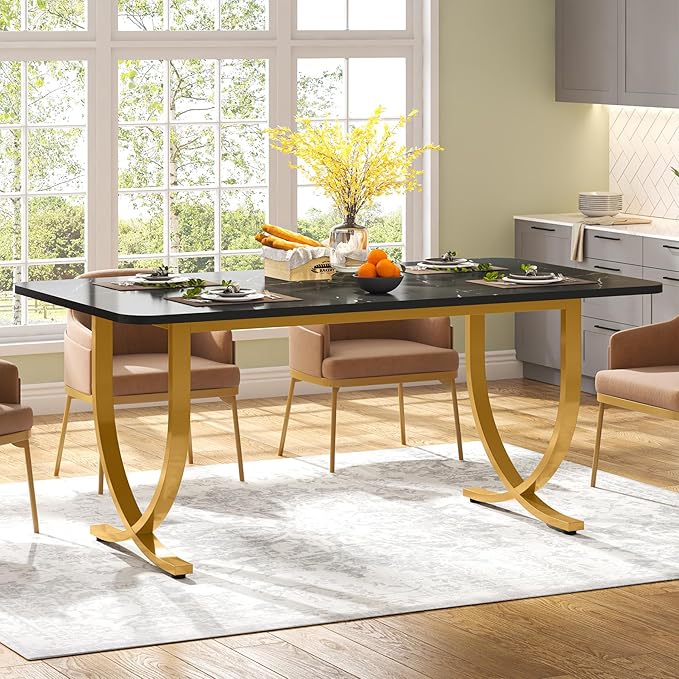 Dining Room Table, Kitchen Table with Faux Marble Table Top and Gold Metal Legs - LeafyLoom