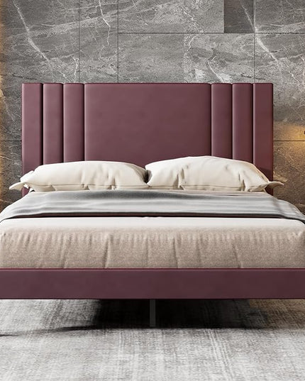 Upholstered Queen Bed Frame/Leather Upholstered Platform Bed with Headboard and Sturdy Wooden Slats/No Box Spring Needed/Noise-Free/Easy Assembly - LeafyLoom