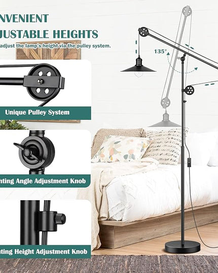 Adjustable Industrial Floor Lamps for Living Room - Rustic Reading Lamp with Pulley System, Modern Farmhouse Indoor Pole Task Lamp, Vintage Tall Standing Lamp for Bedroom Office, Blackened Bronze - LeafyLoom