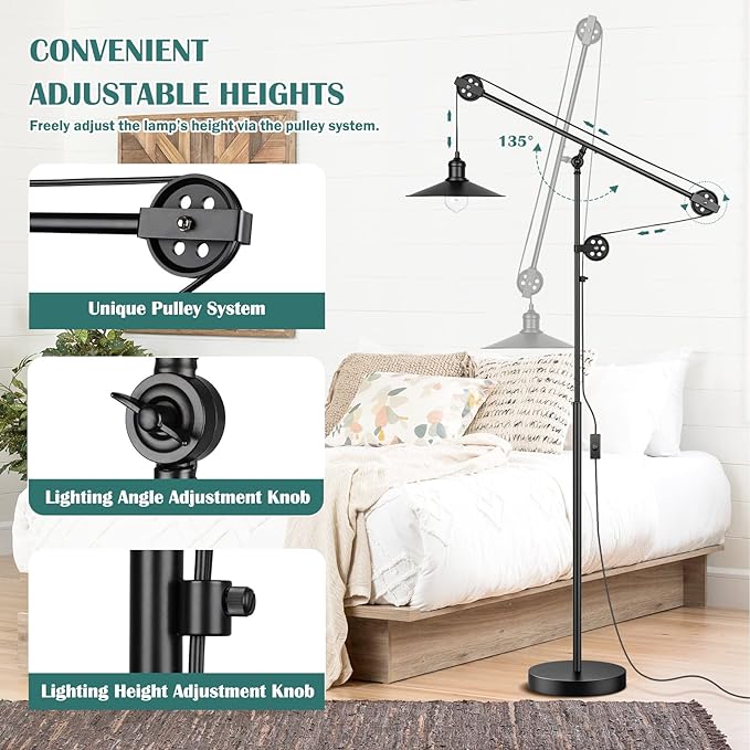 Adjustable Industrial Floor Lamps for Living Room - Rustic Reading Lamp with Pulley System, Modern Farmhouse Indoor Pole Task Lamp, Vintage Tall Standing Lamp for Bedroom Office, Blackened Bronze - LeafyLoom
