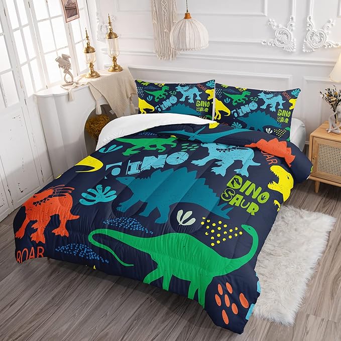 Axolotl Boys Bedding Cartoon Dinosaur Comforter Set Queen Size,Cute Dinosaur Bedding Set for Kids Boys Girls Teens Adults Room Decor,Kids Comforter Set All Season,1 Quilt 2 Pillow Cases,Purple - LeafyLoom