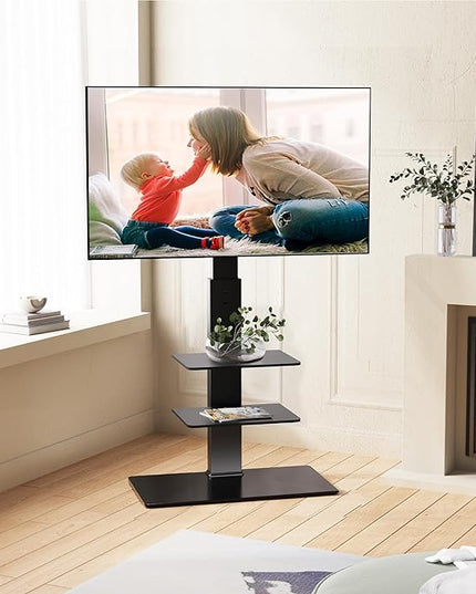 FITUEYES Swivel Floor TV Stand with Mount for TVs 37 43 50 55 60 65 70 75 Inch LCD LED Flat/Curved Screens Universal Swivel Televisions TV Mount Stand for Bedroom Living Room Black Tempered Glass Base - LeafyLoom