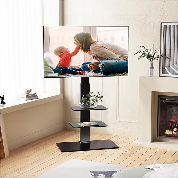 FITUEYES Swivel Floor TV Stand with Mount for TVs 37 43 50 55 60 65 70 75 Inch LCD LED Flat/Curved Screens Universal Swivel Televisions TV Mount Stand for Bedroom Living Room Black Tempered Glass Base - LeafyLoom
