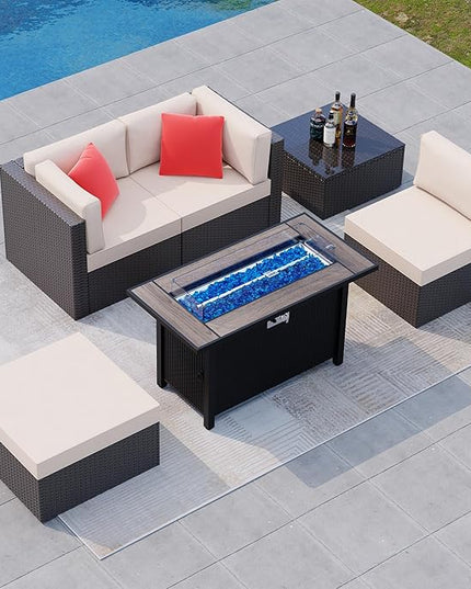 Shintenchi 6 Pieces Patio Furniture Sets w/Fire Pit Table, Outdoor Conversation Set w/50,000 BTU Steel Gas Fire Pit, Beige Patio Rattan Sectional Sofa Set w/Brown Top Fire Pit - LeafyLoom
